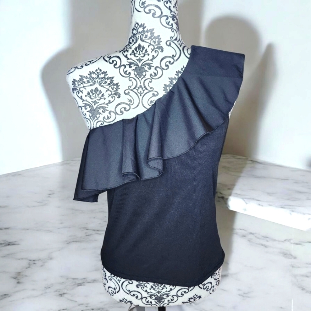 AMAZON Black One-Shoulder Ruffle Top - Large